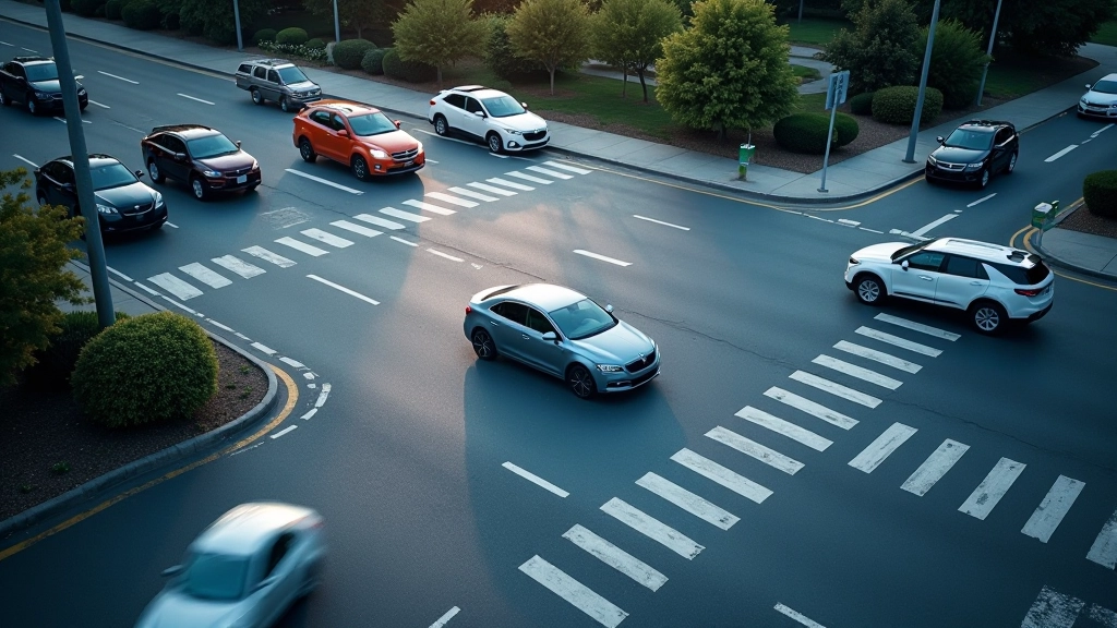Traffic simulation showing autonomous vehicle navigating complex intersection with multiple lanes and dynamic obstacles while adjusting steering angles and acceleration in real-time
