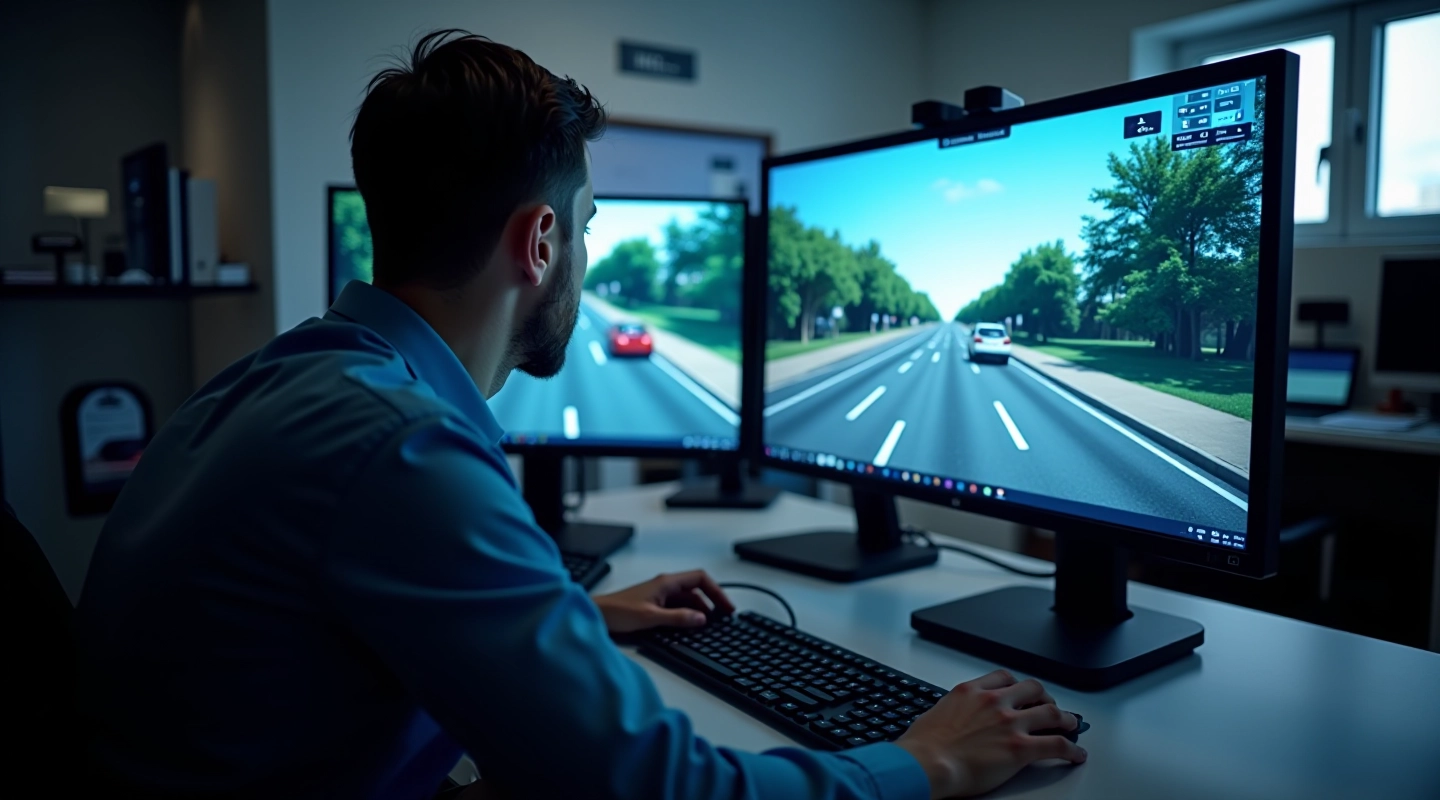 Autonomous vehicle simulation environment showing digital road network with sensor data overlays and trajectory planning visualization