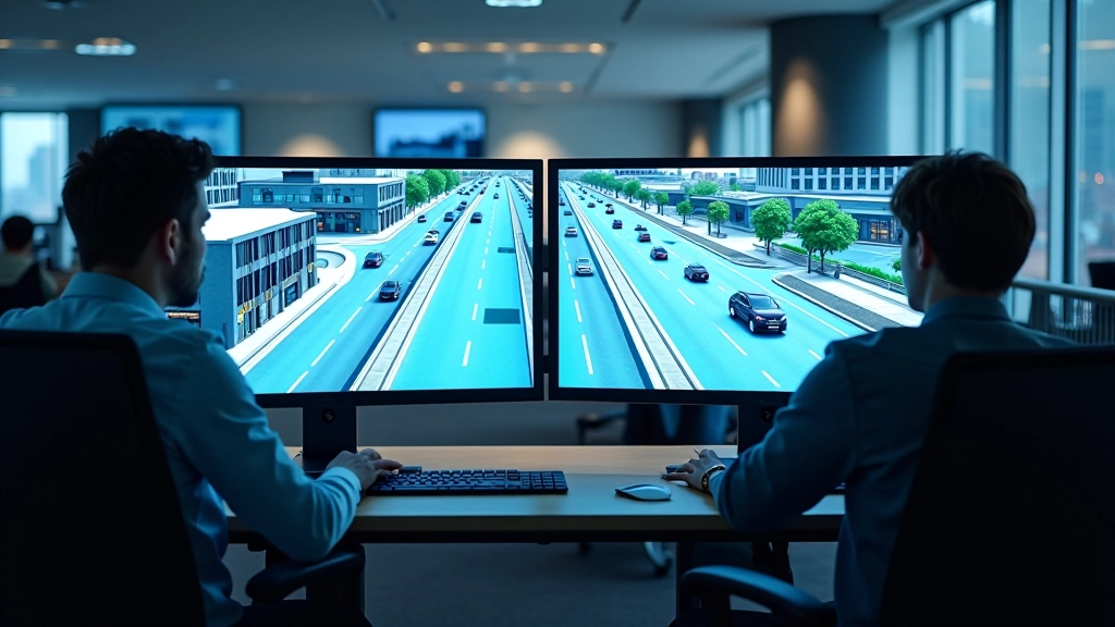 Computer simulation visualization showing multiple autonomous vehicles at urban intersection with traffic flow heatmaps