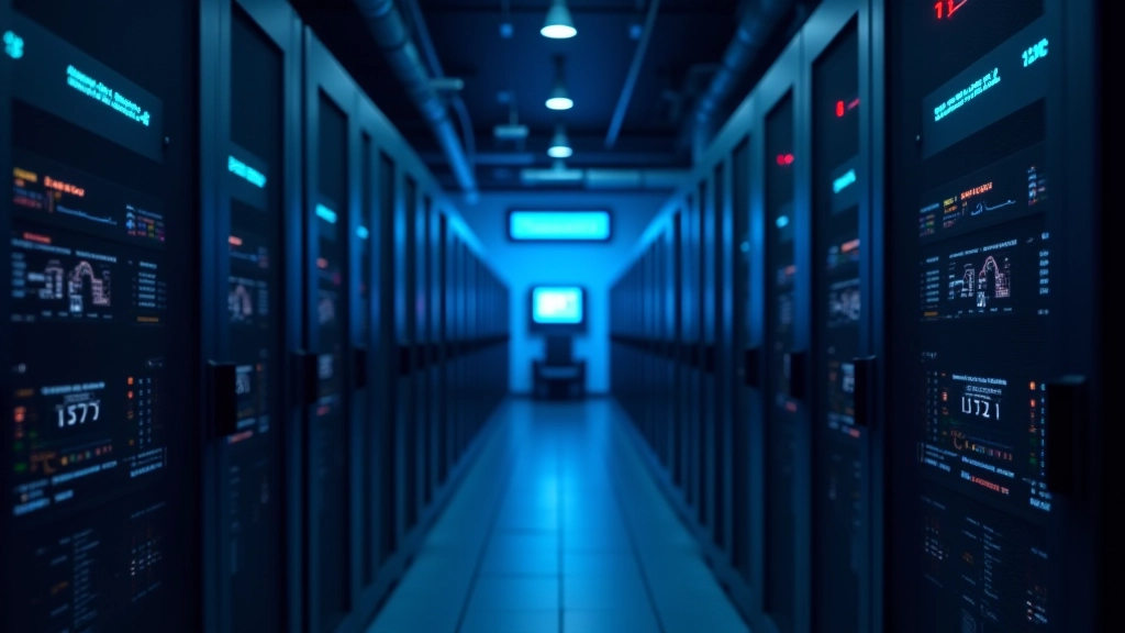 Traffic data center with servers running simulation software for autonomous vehicle coordination testing with live metrics display