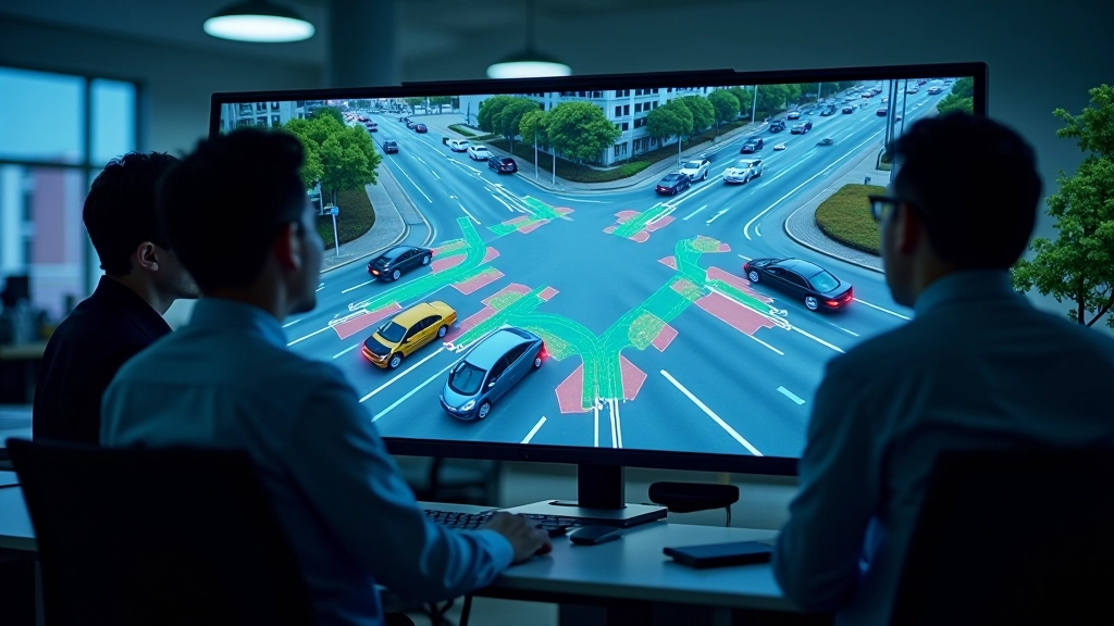 Simulation environment showing multiple autonomous vehicles navigating intersection with real-time decision-making visualization and traffic flow analysis