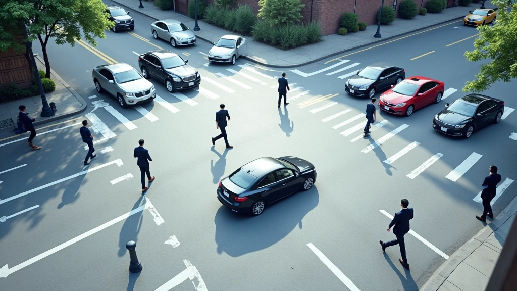 Autonomous vehicle in simulated urban environment with RL-controlled pedestrians and traffic agents creating challenging scenarios, multiple vehicles and obstacles in complex intersection