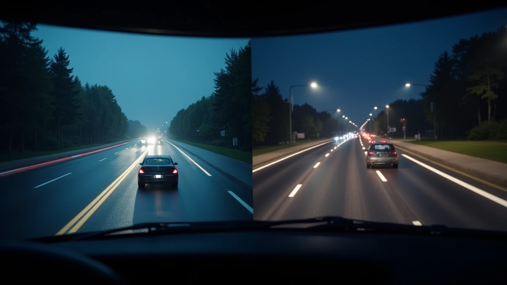 Split screen showing simulated autonomous vehicle scenario on left with rain and nighttime conditions, real-world test track footage on right, demonstrating sim-to-real validation process
