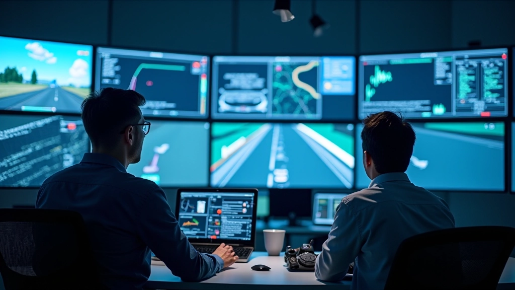 Testing control room with multiple displays showing autonomous vehicle sensor data, lidar point clouds, and real-time performance metrics during scenario simulation