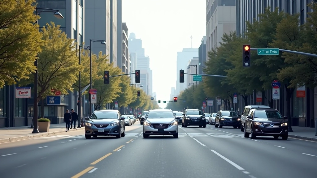 Urban street scene with autonomous vehicles communicating at traffic intersection during peak hours with signal timing visualization
