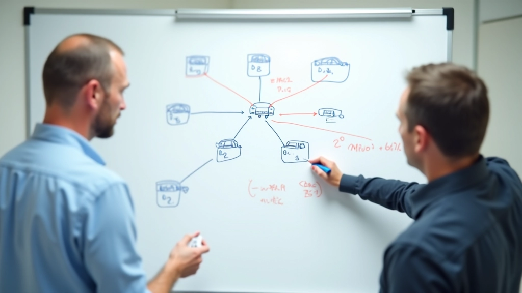 Whiteboard diagram showing multi-agent interaction network with vehicles as nodes and communication links between them